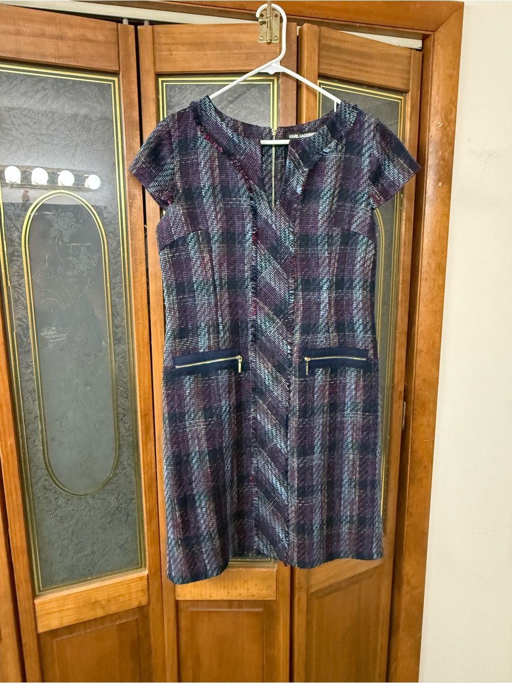Karl Lagerfeld Purple Plaid Cap-Sleeve Shift Dress, EUC